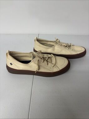 Sperry Cream Canvas Boat Shoes with Brown Sole